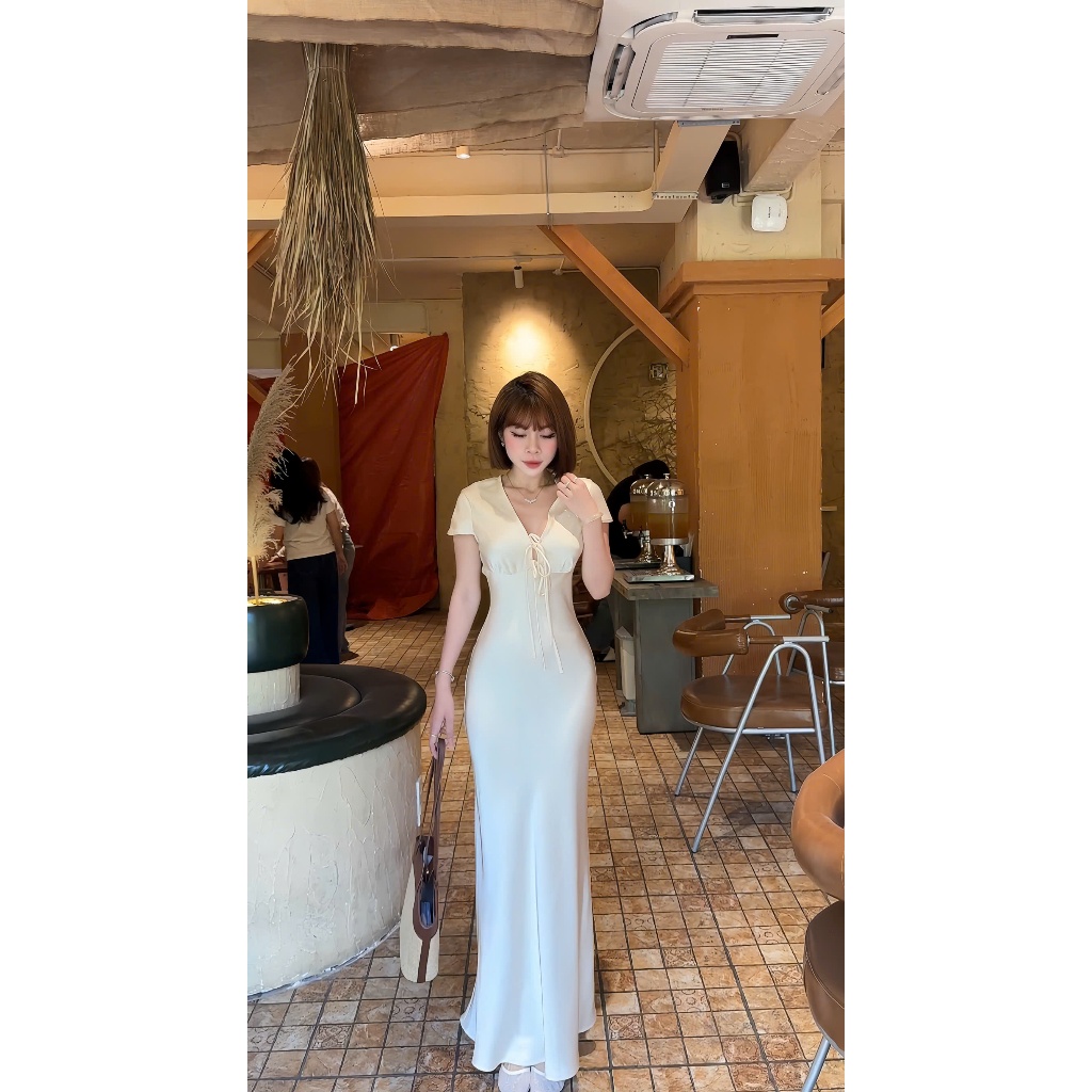 Đầm lụa cổ tim có tay thắt nơ ( 7207 ) chất lụa tô châu mềm mịn, form lài đuôi cá tôn dáng, có khóa kéo bên hông | BigBuy360 - bigbuy360.vn