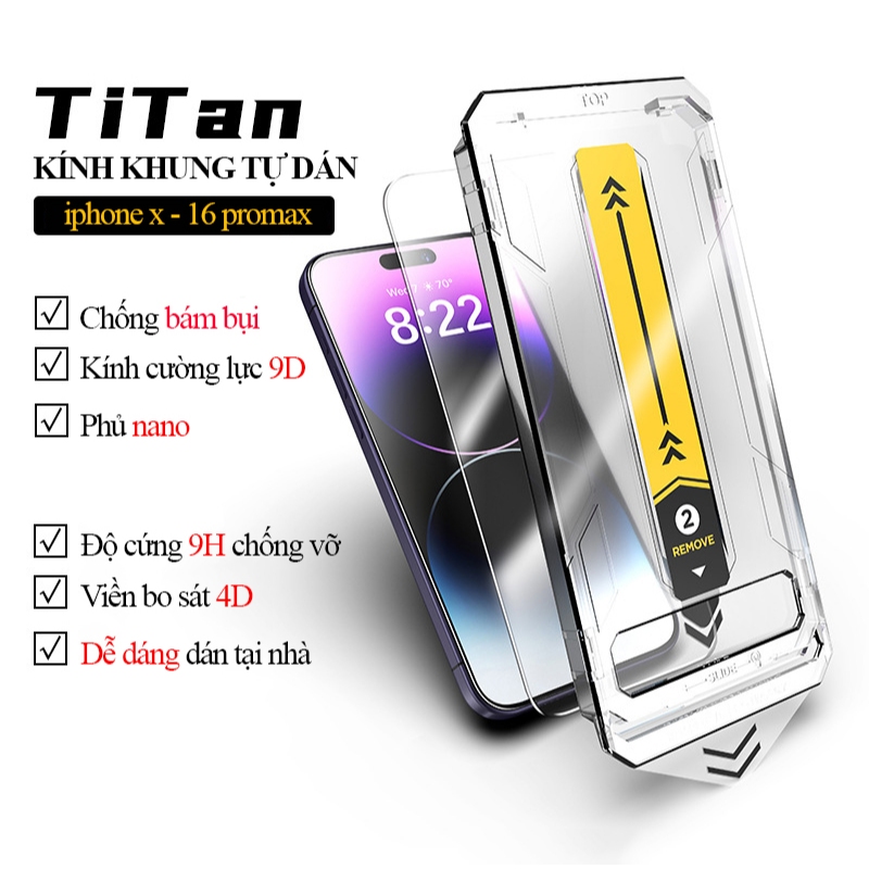 Kính cường lực khung tự dán iphone x 11 12 13 14 15 16 chính hãng chống bụi bẩn bọt khí dán tại nhà 