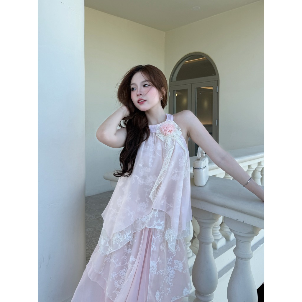 Set áo yếm tầng phối ren đính hoa kèm chân váy voan tơ ảnh thật/ sẵn