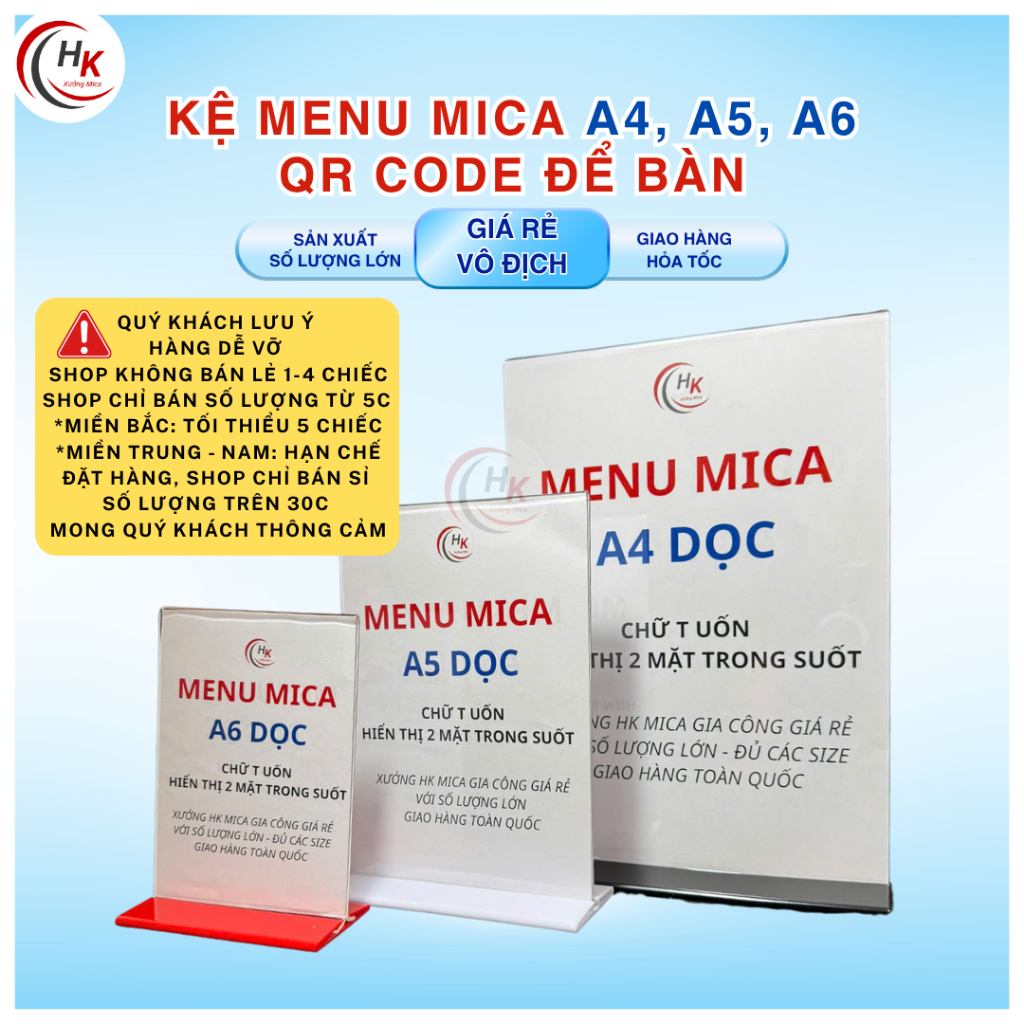 [HỎA TỐC-SỈ] Menu mica A4, A5, A6 để bàn - Bảng Mica Kệ Menu Mica chữ T để QR thanh toán, làm menu n
