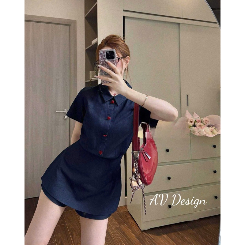 Set Váy nữ , Set đồ nữ Jeanss Phối Cúc Tim Đỏ Chân Váy Chữ A Chuẩn Form Mẫu Mặc AV Design