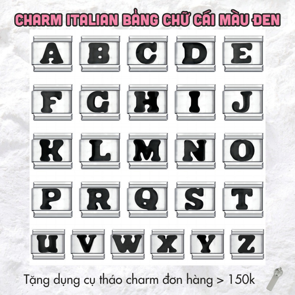 Charm italian bracelet chữ cái tone đen cá tính (full bảng chữ cái) charm italian đeo tay thép không