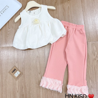 Đồ bộ bé gái set áo chất đũi dáng babydoll phối nơ hoa trà mix quần thun hồng loe dập ren cho bé 10 -32kg Cherry Kids 