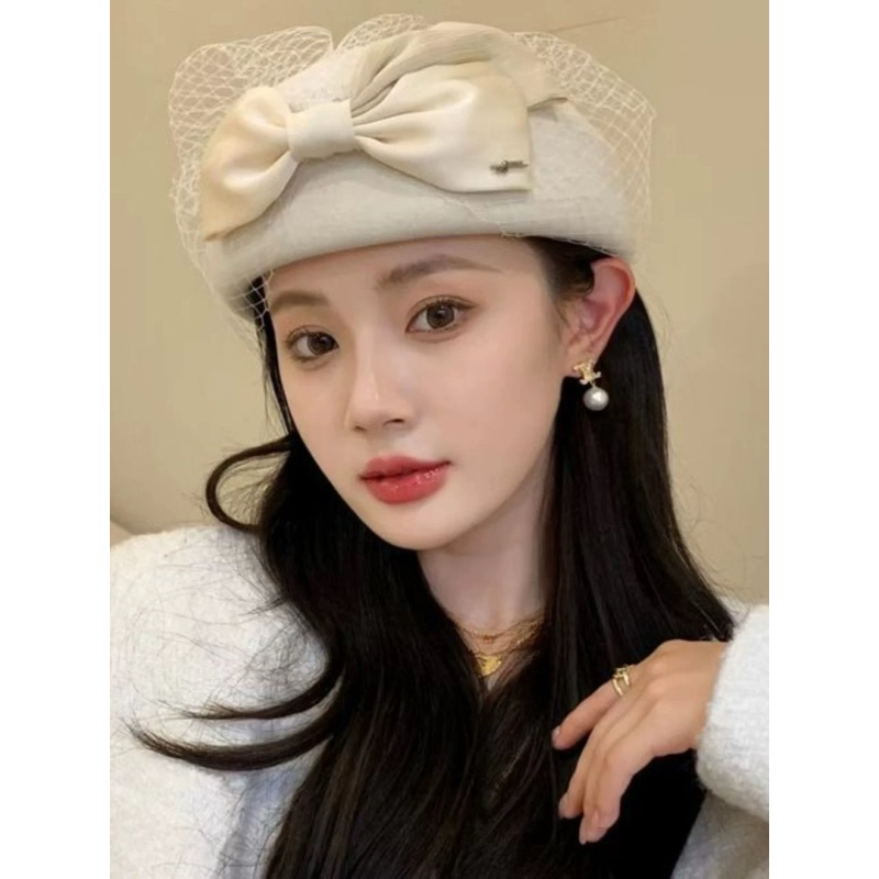 Nón Mũ Nồi  Dạ Tròn kepi Newsboy Beret Phối Lưới Nơ Tiểu Thư Đáng Yêu cao cấp