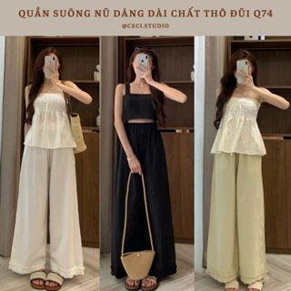 Quần Ống Rộng Nữ Dáng Dài Ống Mềm Bèo Cạp Chun Chất Thô Đũi, Quần Suông Vải Cạp Chun Mùa Hè - Ceci.studio - Q74