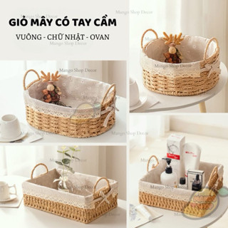  Giỏ mây có tay cầm lót vải ren hoa vintage làm thủ công mây tre đan   Rổ đi picnic xinh xắn decor chụp ảnh   