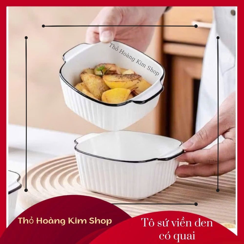 Tô sứ trắng viền đen, Khay sứ trắng có quai, Bát sứ chữ nhật, khay nướng sứ trắng viền đen, Bát sứ c
