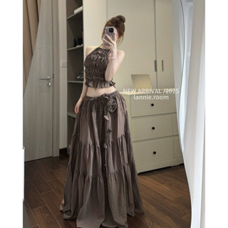 Set áo yếm crotop mix chân váy dáng dài phối dây hoa, Set bộ đồ áo khoét nách yếm nâu mix chân váy xoè