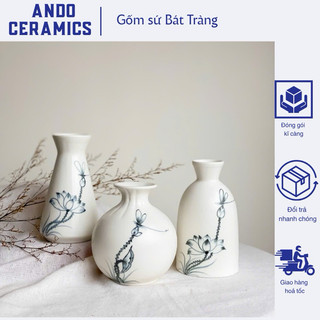  Bình Hoa Gốm Sứ Bát Tràng - Lọ Hoa Mini Vẽ tay Hoạ Tiết Sen Chuồn đơn giản tinh tế 