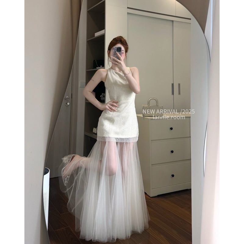 Váy đầm thiết kế khoét nách ôm body phối lưới xoè, Váy đầm chiết eo tùng lưới dự tiệc