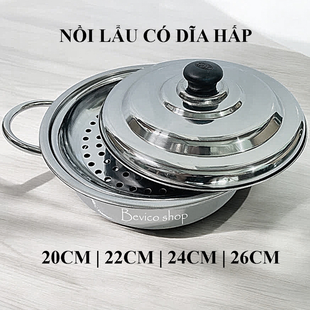 Nồi lẩu inox có dĩa hấp 20cm/22cm/24cm/26cm | ăn lẩu, các món hấp tại bàn...