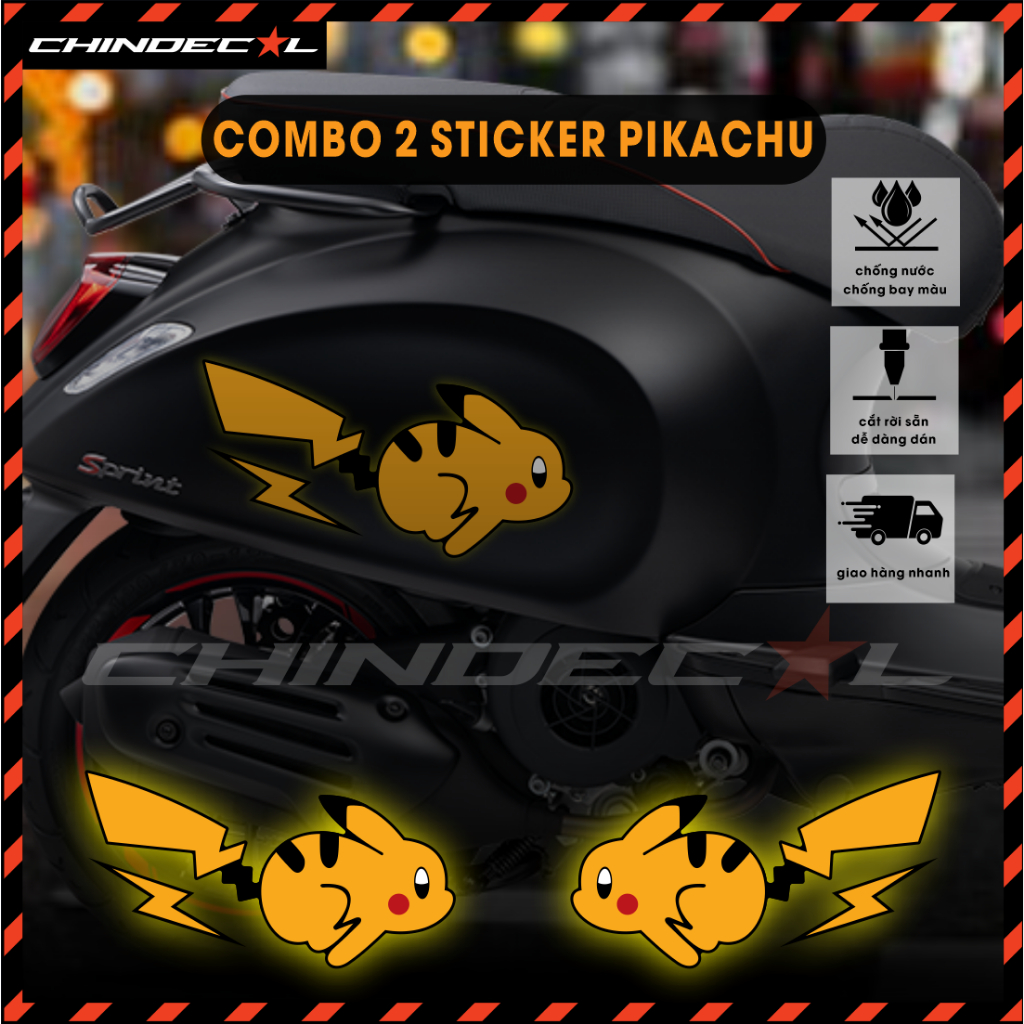 Combo 2 Sticker , Tem dán trang trí xe máy , xe  điện …Pikachu dễ thương | PVC cao cấp 3 lớp chống bay màu  | 555221