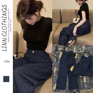 Quần Kẻ Ống Rộng Quần Jeans Nữ Ống Suông 2 Túi Kẻ Sọc Tôn Dáng Chất Vải Dày Dặn