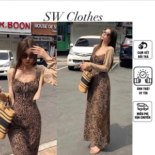 Sét 2 món váy hai dây xoè dáng A viền ren thun gân in da beo kèm khoác nâu