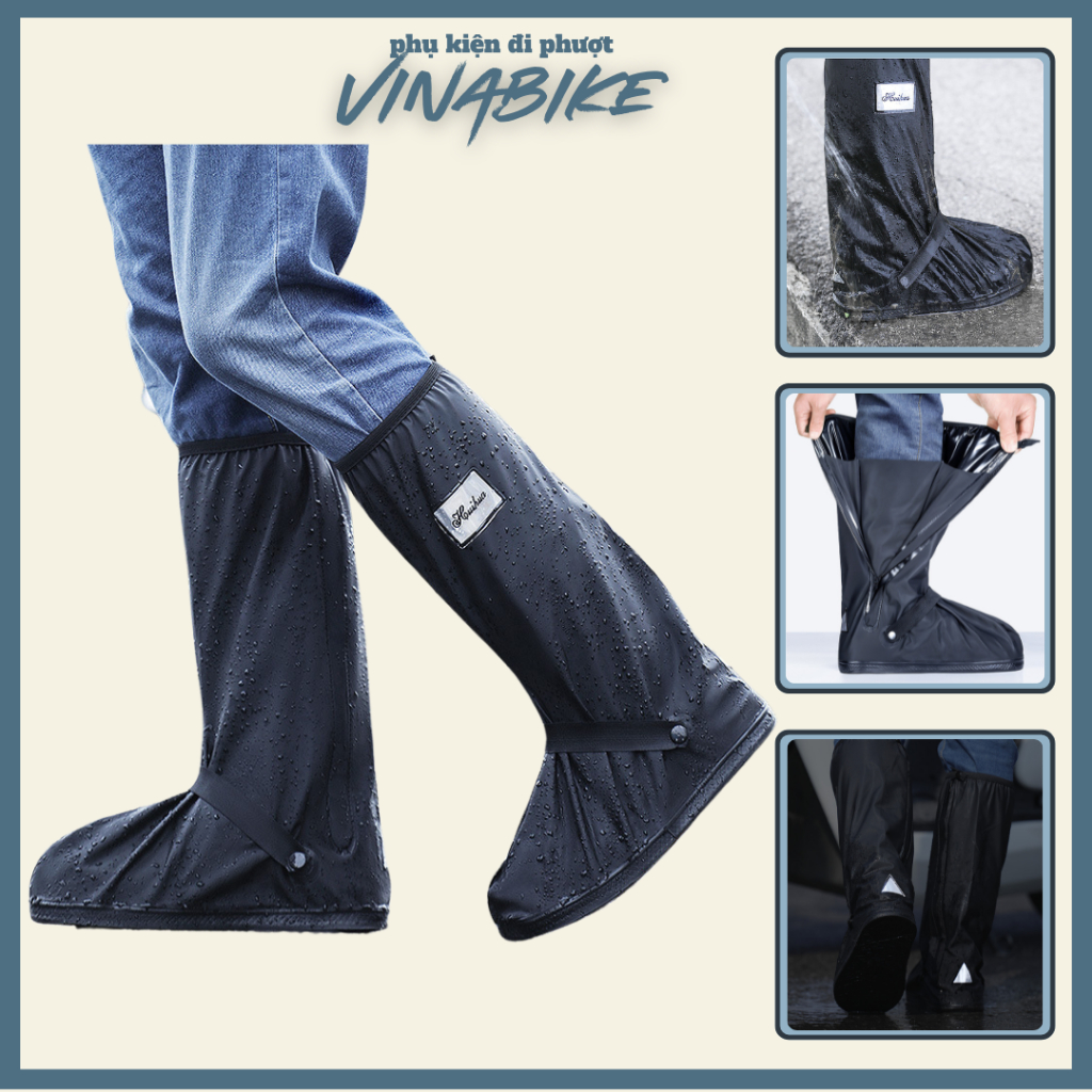Ủng đi mưa cao cấp chống thấm bằng vải dù, Thiết kế bọc giày và cổ cao bo chun, Đế cao su dày dặn chống trượt VINABIKE