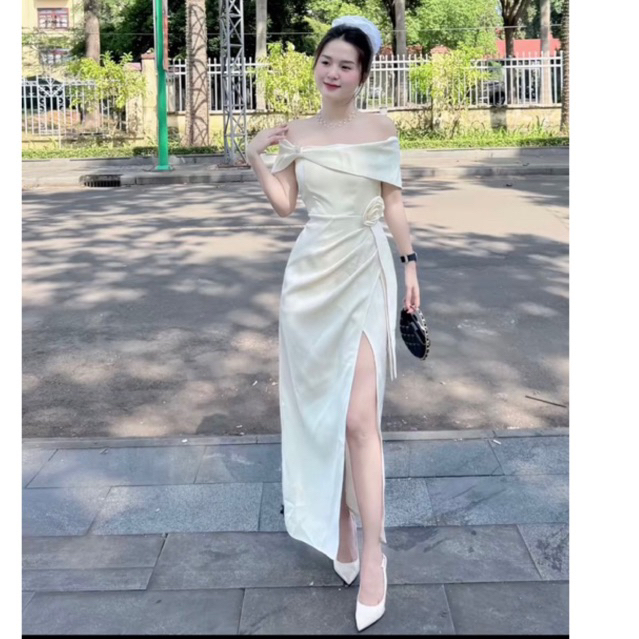 Đầm trễ vai nhấn hoa eo xẻ tà đùi siêu sexy sang chảnh dự tiệc ăn cưới hàng hot hit dễ mặc