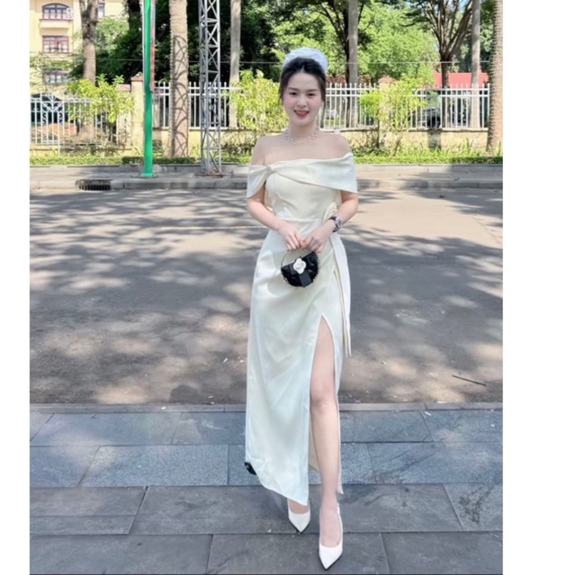 Đầm trễ vai nhấn hoa eo xẻ tà đùi siêu sexy sang chảnh dự tiệc ăn cưới hàng hot hit dễ mặc | BigBuy360 - bigbuy360.vn