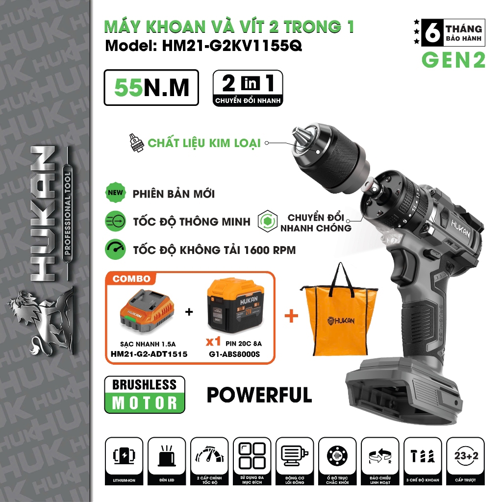 Máy khoan pin kèm bắn vít HUKAN HM21-G2KV1155Q, 3 Chức Năng, Brushless Motor, Có khóa trục