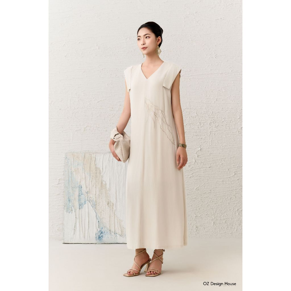 Đầm suông cổ tim OZ Design House DA08792RST25 linen be thêu rong rêu cách điệu