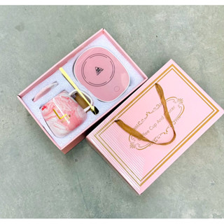 Ly cốc sứ có nắp vân đá FINE kèm đế điện hâm nóng trà, cafe, hâm sữa + Tặng kèm thìa vàng, hộp sang trọng