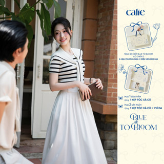 (Blue to Bloom) Áo dệt kim kẻ kèm khăn thêu logo, chất liệu cao cấp mềm phù hợp mùa hè thời trang nữ Calie AF167, CX065
