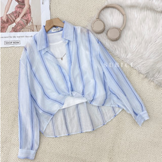 (Tặng Ba Lỗ) Áo Sơ Mi Croptop Voan Sọc Trơn Tay Dài Xoắn Eo Đi Làm Đi Chơi | SUBICI