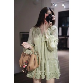 Váy nữ dáng ngắn babydoll tay dài loe Maian váy tơ thiết kế thêu hoa nổi cổ V kèm dây buộc nơ bánh bèo nhẹ nhàng V5515