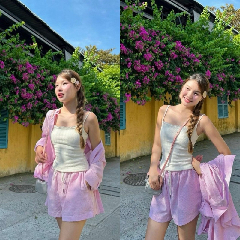 (T’achi) Set sơ mi hồng kèm áo hai dây và short cùng màu
