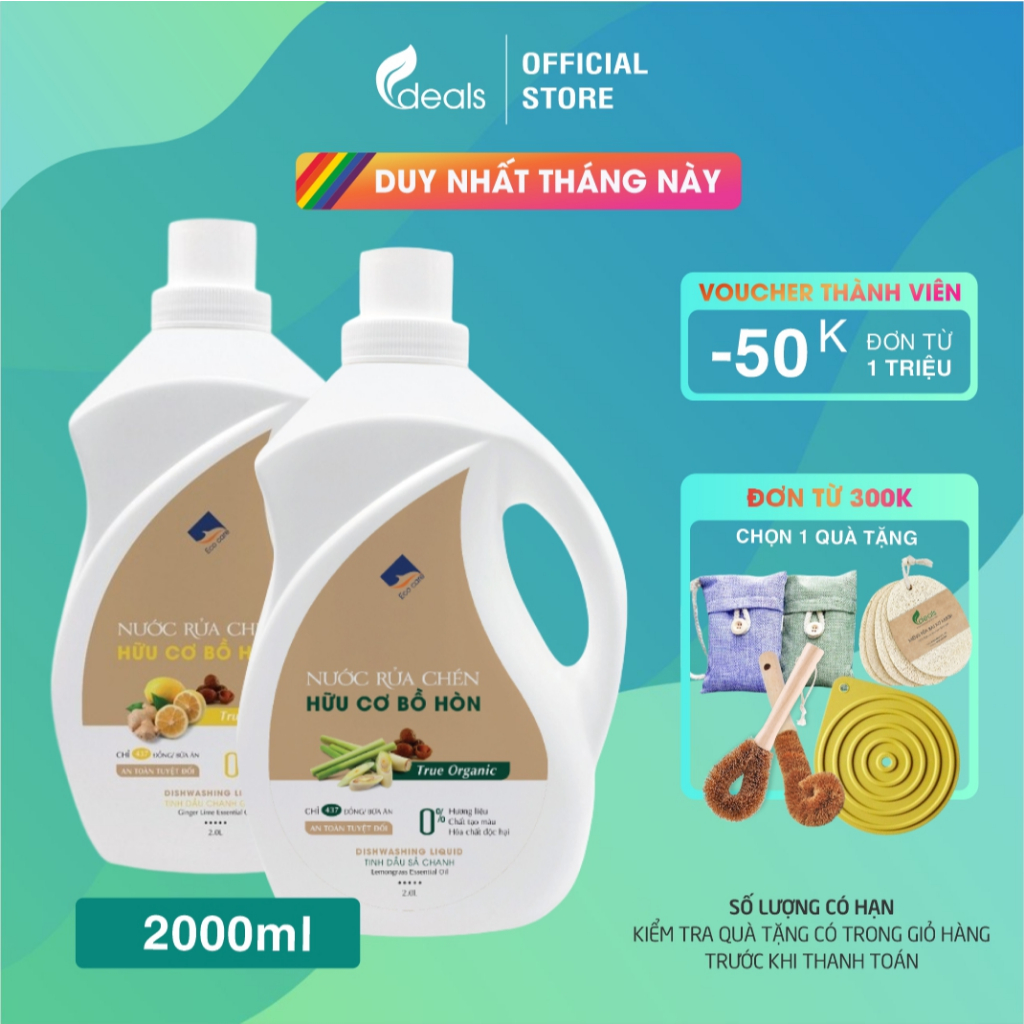 Nước Rửa Chén Bồ Hòn Hữu Cơ ECOCARE 2L - Diệt khuẩn, sạch dầu mỡ, bảo vệ da tay và tiết kiệm nước