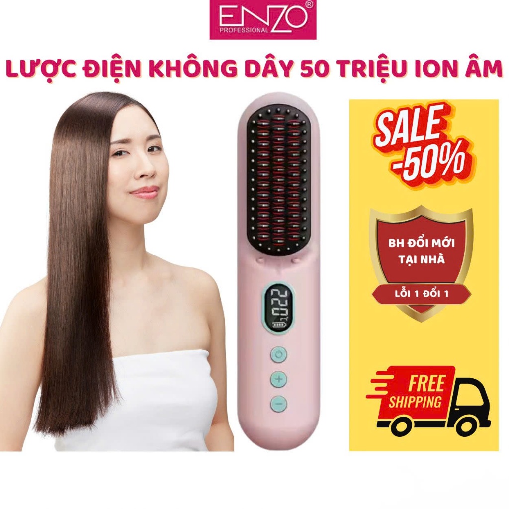 Lược điện không dây cao cấp ENZO, công nghệ ion âm, chăm sóc tóc bóng mượt tự nhiên, tạo kiểu đa năng