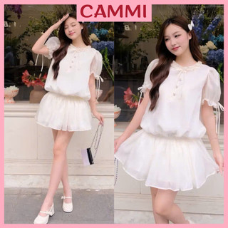  Váy Tiểu Thư Cổ Bèo tay Bồng Đính Cúc Ngọc Phối Chun Eo Chân Xòe Điệu Kèm 1 Quần Bảo Hộ Siêu Xinh HV181 