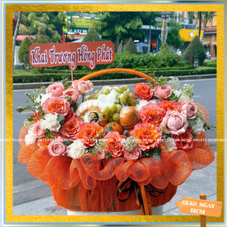 Giỏ Trái Cây Kèm Hoa Tươi Tặng Khai Trương-Hỏa Tốc HCM