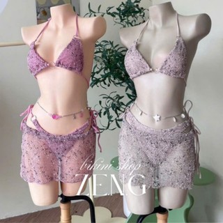 Bikini 3 mảnh lưới kèm khăn quấn cho nữ đi biển dây buộc sexy, gợi cảm