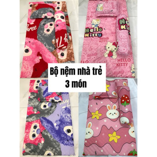 [Tặng vỏ nằm]🌈 Bộ Nệm Nhà Trẻ 3 Món (Nệm + Gối Nằm + Gối Ôm) | Thun Lạnh Hàn Quốc In 3D, Có Khóa Kéo