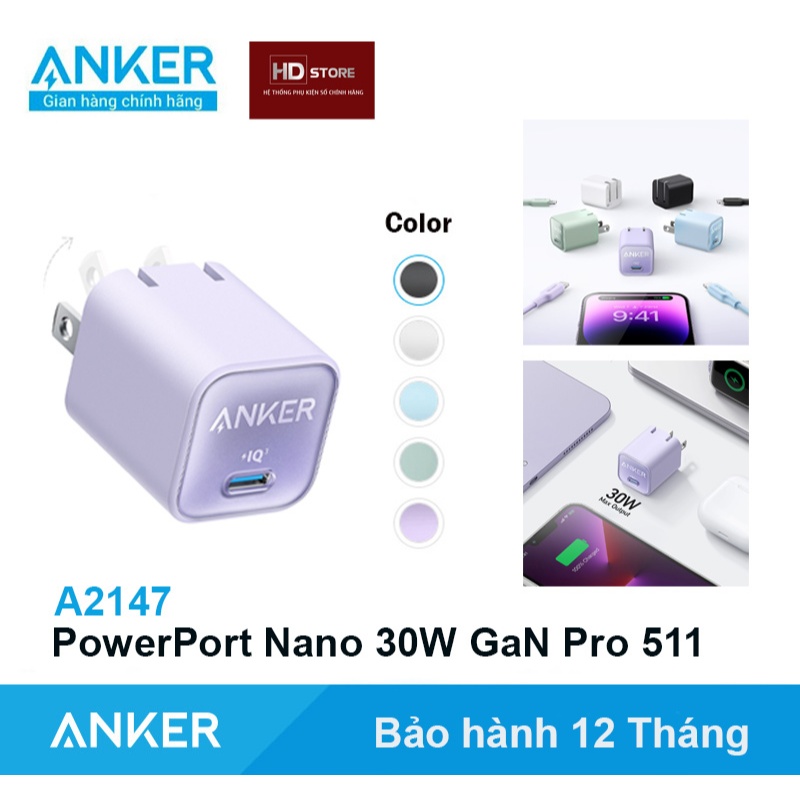 Củ sạc nhanh ANKER 30W Nano 3 GaN Pro 511 Chân Gập - A2147 Đen Trắng Xanh Tím HD Store