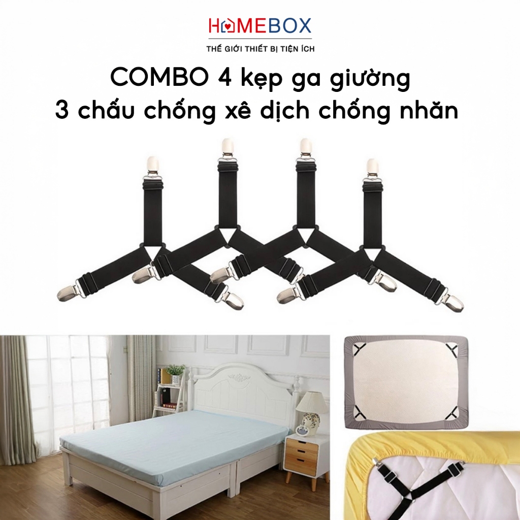 COMBO 4 Kẹp Ga Giường 3 Chấu Inox Chống Xê Dịch Kẹp Cố Định Ga Trải Đệm Có Bọc Nhựa Chịu Lực Tốt