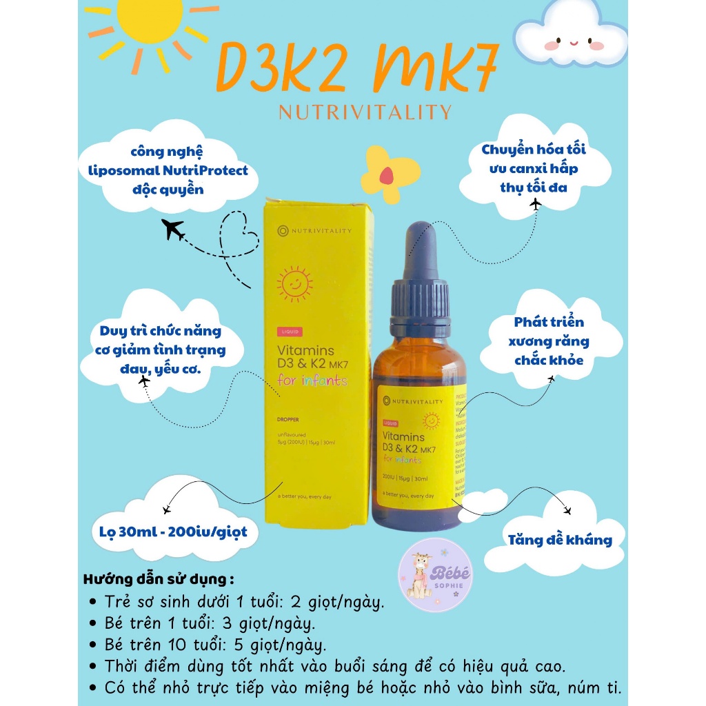 Vitamin D3K2 MK7 Nutrivitality 30ml cho bé sơ sinh trở lên ( Hàng Anh )