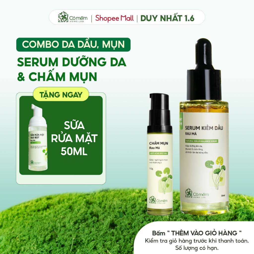 Combo Kiềm Dầu Giảm Mụn Mờ Vết Thâm Mụn Serum Chấm Mụn Rau Má Cỏ Mềm