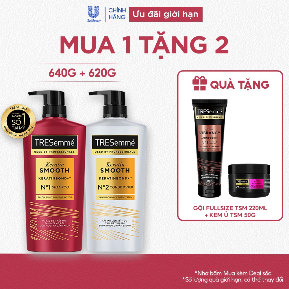 [Diện mạo mới] Combo Dầu Gội, Dầu Xả TRESemmé Keratin Smooth Keratinbond+ Cho Tóc Khô Xơ Rối Vào Nếp Suôn Mượt 640g,620g