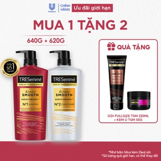 [Diện mạo mới] Combo Dầu Gội, Dầu Xả TRESemmé Keratin Smooth Keratinbond+ Cho Tóc Khô Xơ Rối Vào Nếp Suôn Mượt 640g,620g