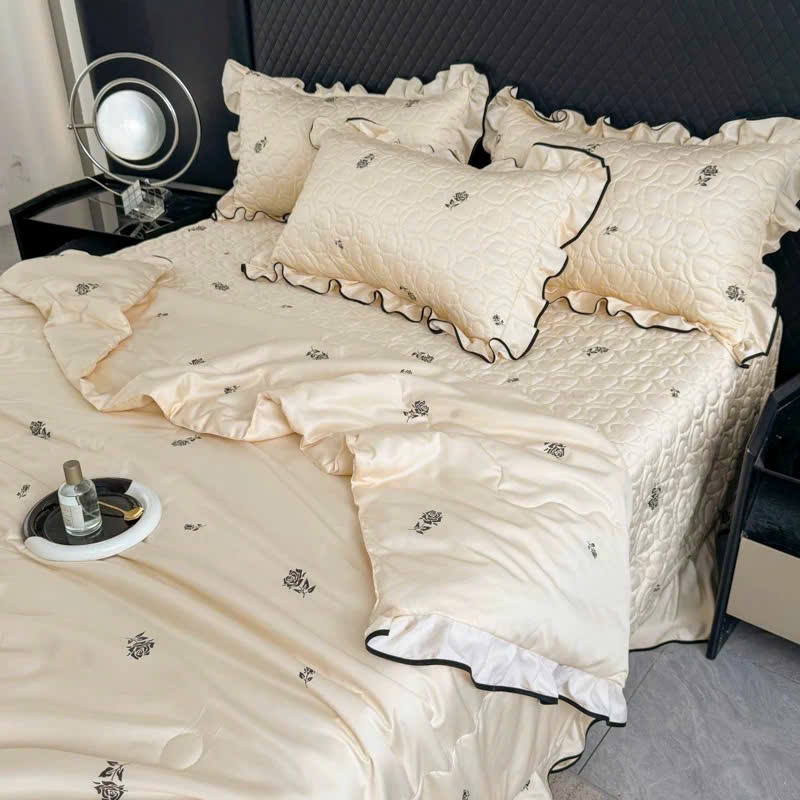 Bộ Chăn Ga Gối 4 Món Phi Lụa, Bộ Chăn Ga Phủ Giường Trần Bông Thêu Hoa mềm mát, dày dặn đủ mọi kích 