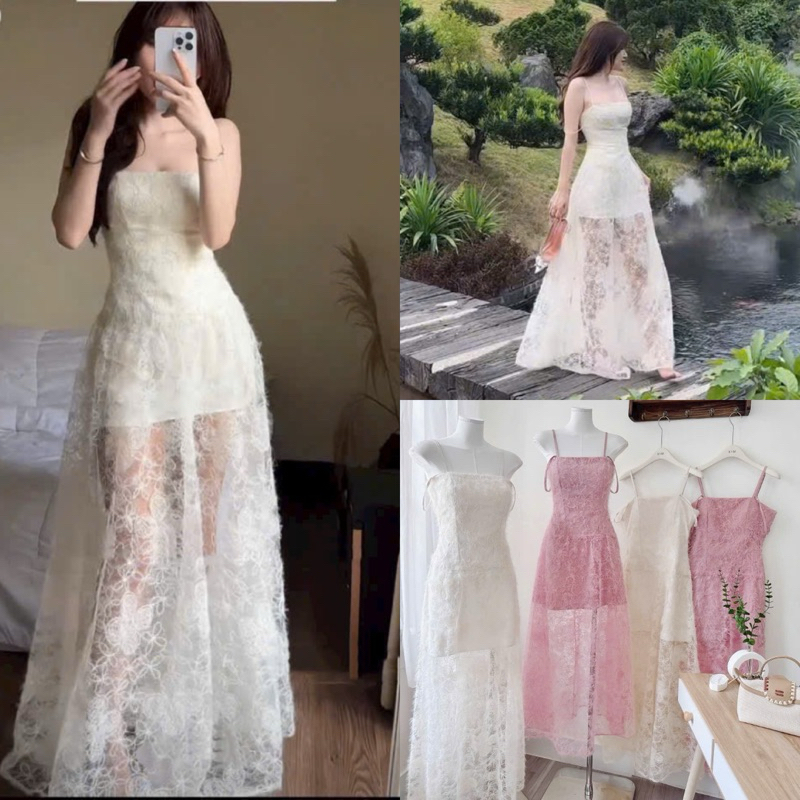 ( Sam’s Clothing ) Đầm maxi ren lông 2 dây rớt vai dáng dài xinh xắn
