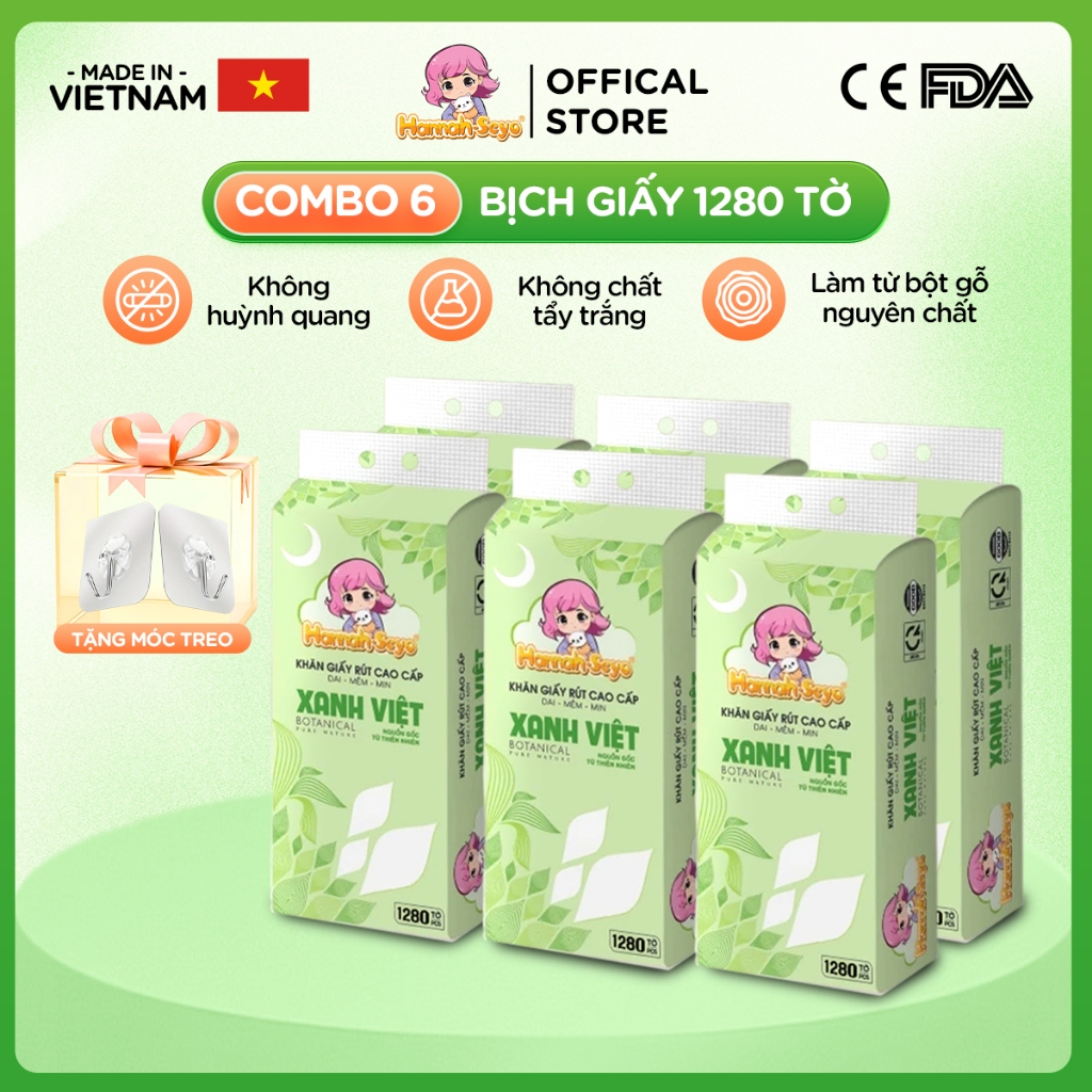 [COMBO 06 bịch] Khăn giấy rút XANH VIỆT 1280 tờ 4 lớp mềm mịn dai dày dặn treo tường đa năng Hannah Seyo