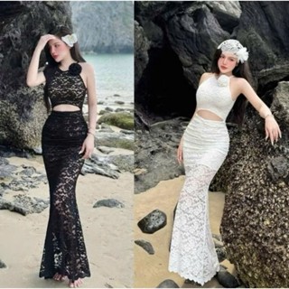 Đầm váy thời trang nữ, đầm ren 2 lớp cổ yếm đính hoa đuôi cá ôm body siêu tôn dáng thích hợp cho nàng đi biển
