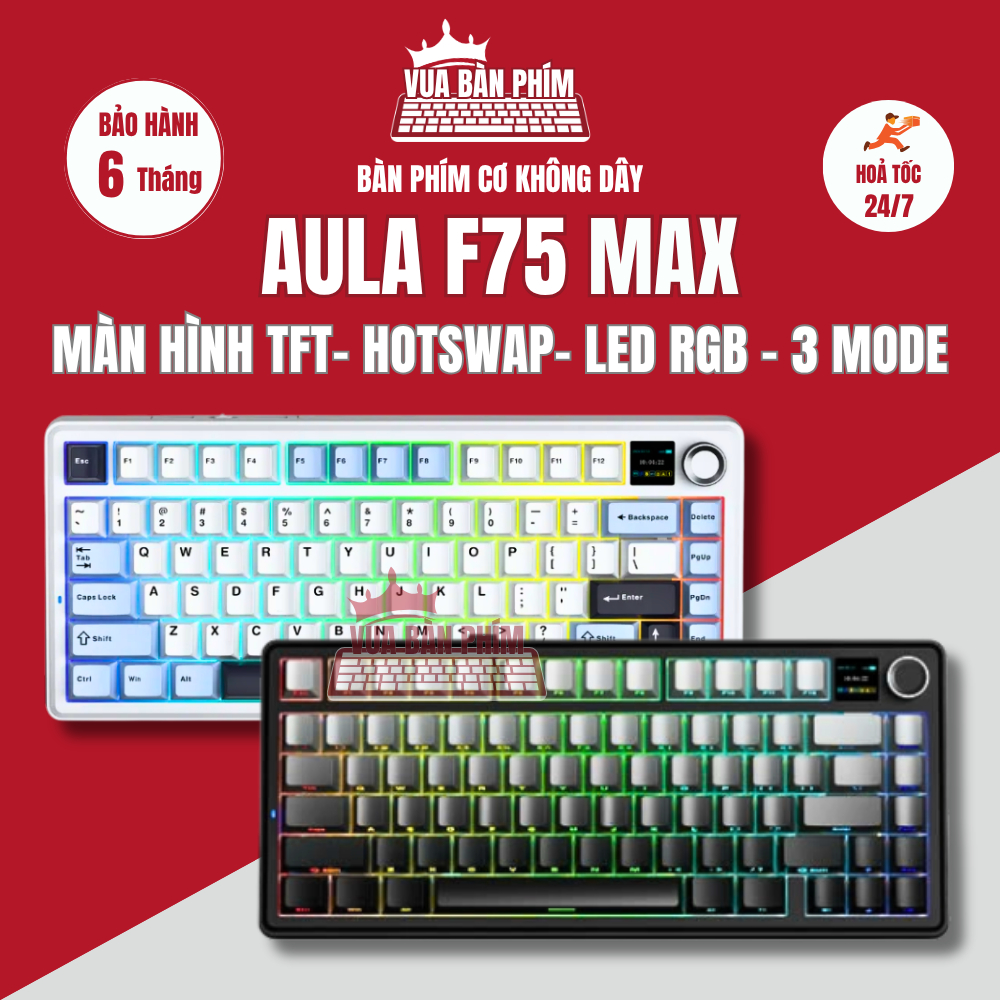 [Hàng Sẵn] Bàn phím cơ không dây Aula f75 max , màn hình tùy chỉnh , mạch xuôi, 3 mode, hotswap, led rgb, full foam | BigBuy360 - bigbuy360.vn