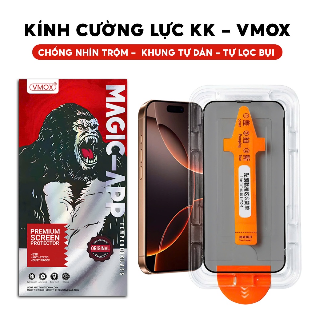 Cường Lực iPhone KK VMOX Tự Dán Tự Hút Bụi, Chống Nhìn Trộm Full Màn - iP…