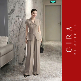 Cira Boutique Set Gile Công Sở Tay Ngắn Phối Cà Vạt Phối Quần Suông Sang Trọng D1095