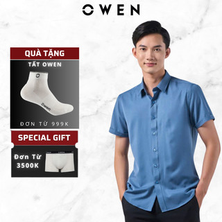  Áo Sơ Mi Nam Ngắn Tay Owen AS230019N màu xanh  dáng slimfit chất liệu nano mềm mát 