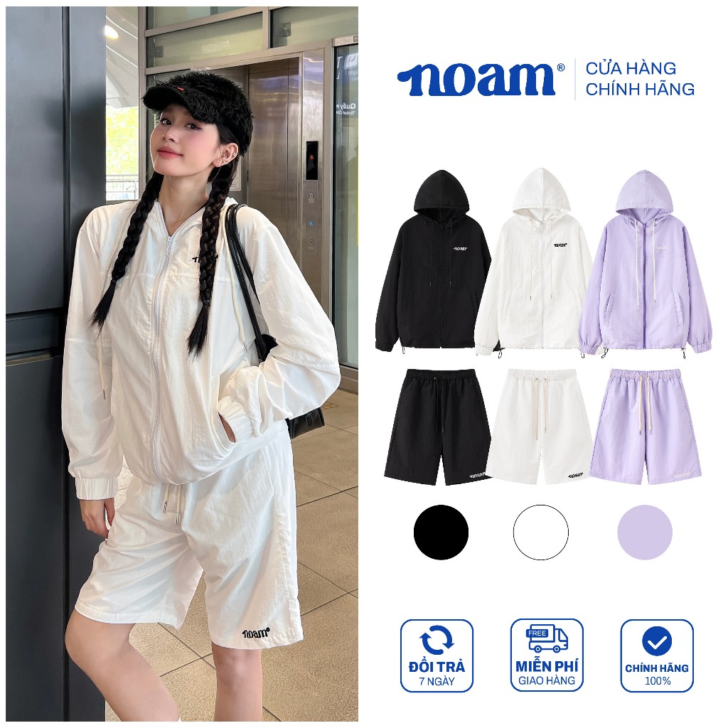 Set bộ gió NOAM Windy Áo khoác hoodie và Quần short Chất liệu Vải gió nhăn cao cấp - Trắng/ Tím/ Đen