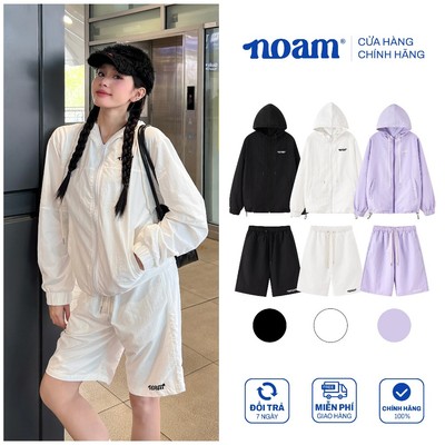 Set bộ gió NOAM Windy Áo khoác hoodie và Quần short Chất liệu Vải gió nhăn cao cấp - Trắng/ Tím/ Đen